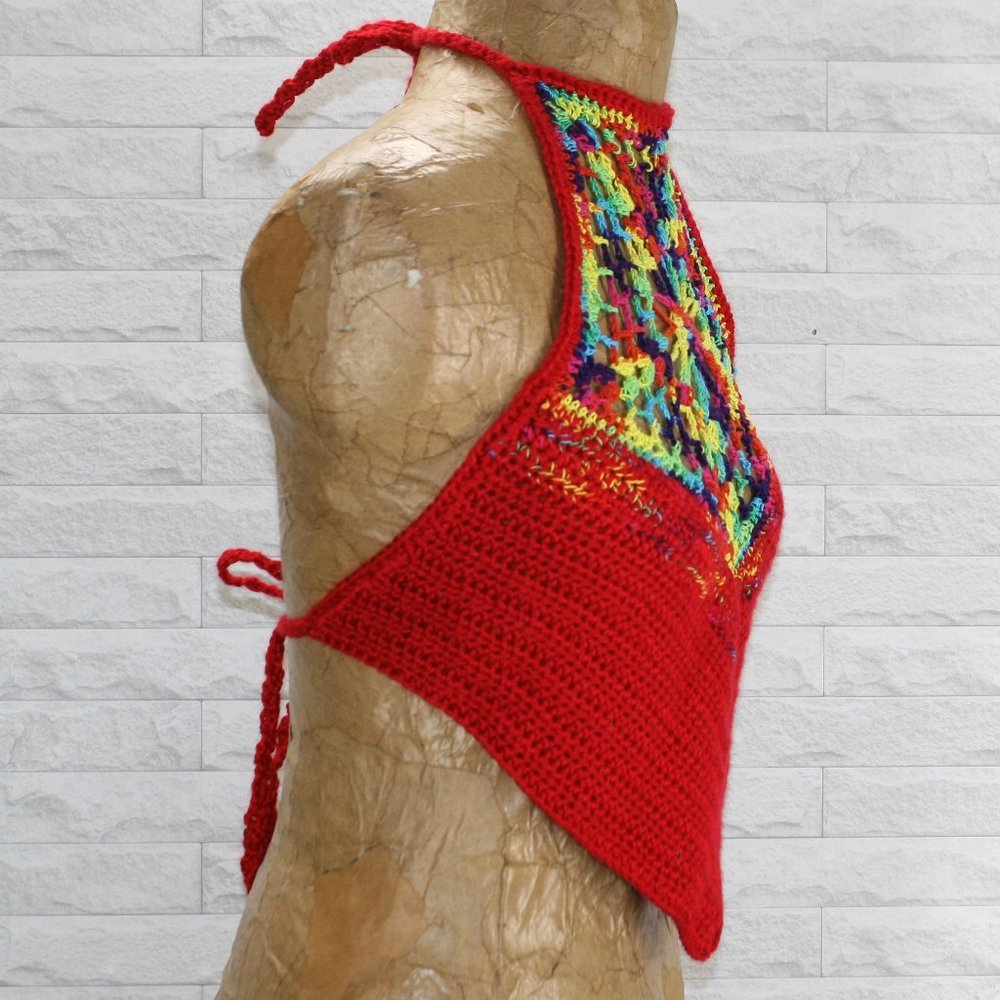 HAND CRAFTED Crop Top Crochet Halter Bikini Colorful Rainbow Pentagon Pride - Picture 3 of 13
